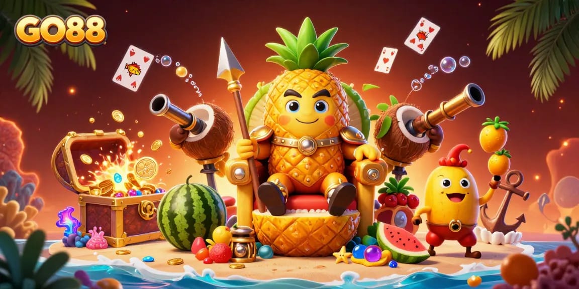 Engage with GO88's vibrant casino action featuring a golden pineapple king, game elements, and tropical charms.