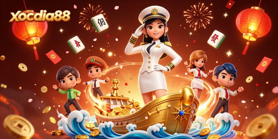Xocdia88 showcases an Asian woman in a striking naval uniform commanding a lively casino scene.