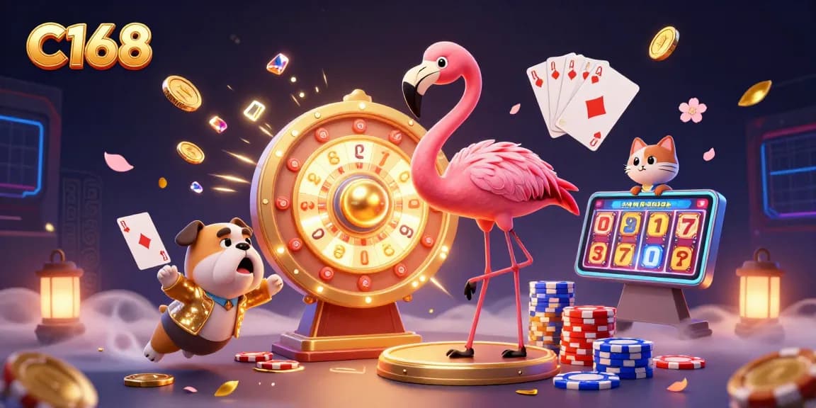 C168's vibrant gaming scene showcases a golden prize wheel, excited bulldog contestant, and festive casino atmosphere, perfect for betting.