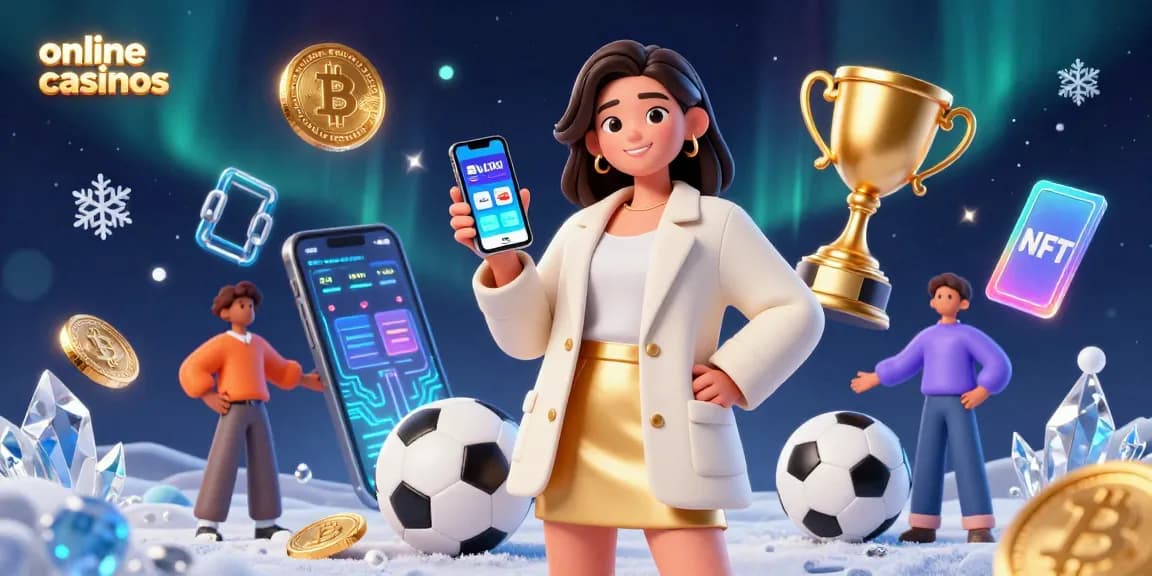 Explore online casinos with a vibrant 3D illustration showcasing gaming elements and crypto integration.
