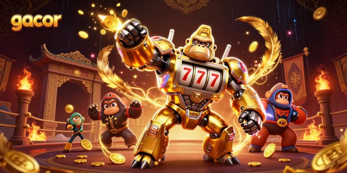 Experience gacor action with a golden gorilla mech slot machine, symbols of winning excitement.