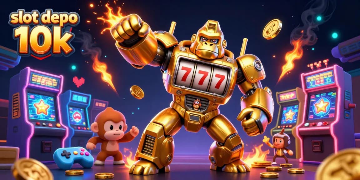 Experience slot depo 10k with an explosive 3D casino illustration featuring a golden gorilla mech and vibrant arcade elements.