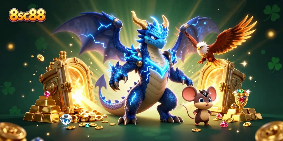 8sc88 brings excitement to the gaming scene with a dynamic casino illustration showcasing thrilling elements.