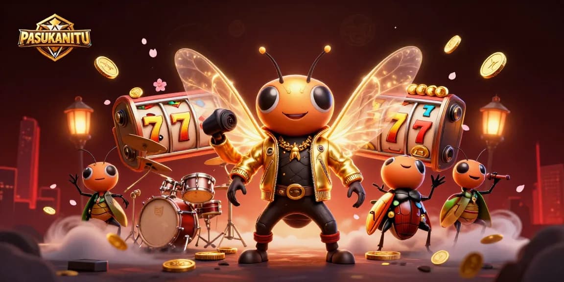 Experience the excitement of PASUKANJITU gaming with a vibrant 3D illustration featuring dynamic jackpot elements and lively characters.