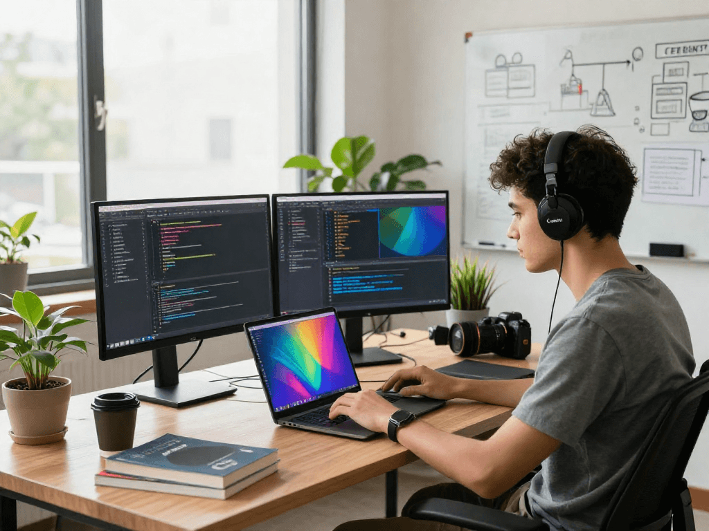 Pengembang bekerja dengan wifi4d di ruang kerja modern yang terang