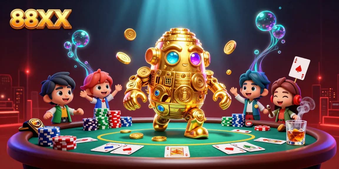 Experience the thrill of winning with 88XX, highlighted by an exciting golden golem amidst poker elements.