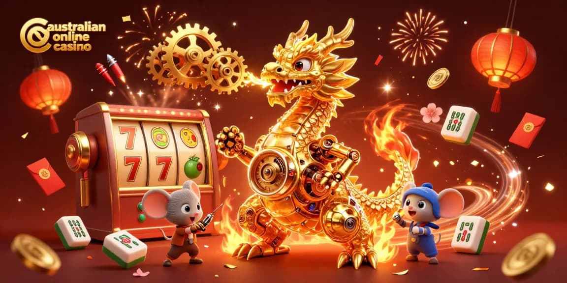 Experience the thrill of australian online casino with a golden dragon and slot elements in vibrant 3D.