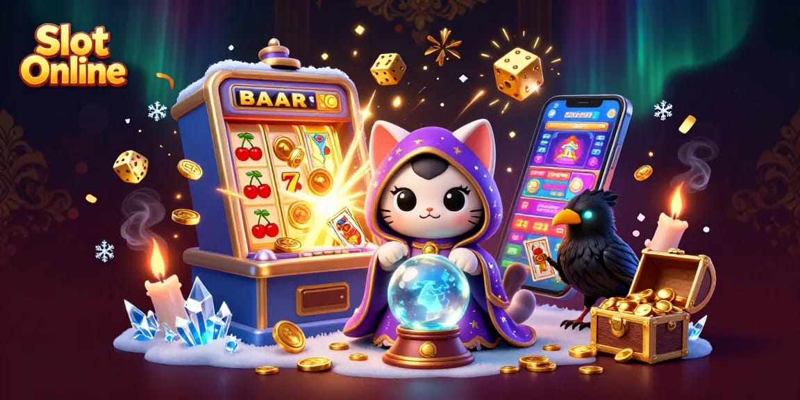 Spin the reels with Slot Online as the fortune teller cat guides you through vibrant casino games.