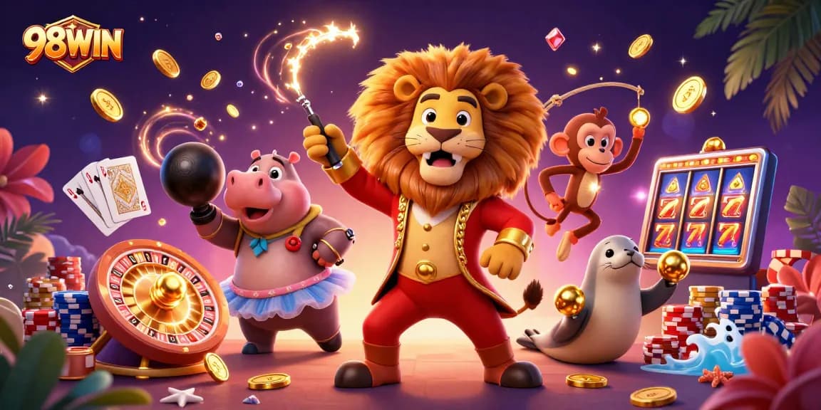 98WIN promotes thrilling gaming with vibrant characters and captivating casino elements.