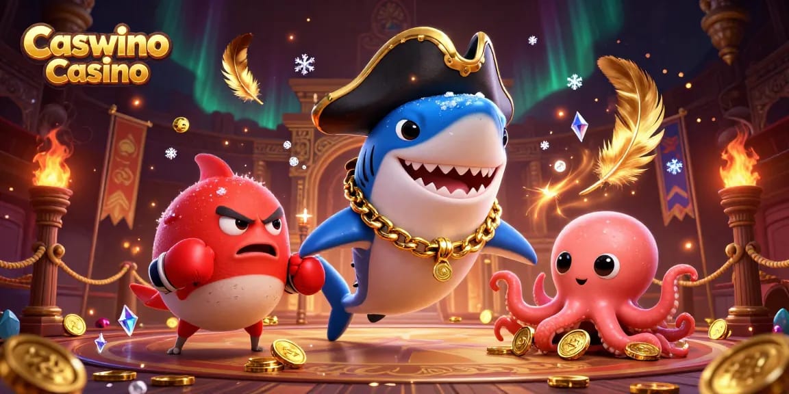 Engage in thrilling gameplay at Caswino Casino with a vibrant, dynamic scene featuring a fun pirate shark and colorful aquatic friends.