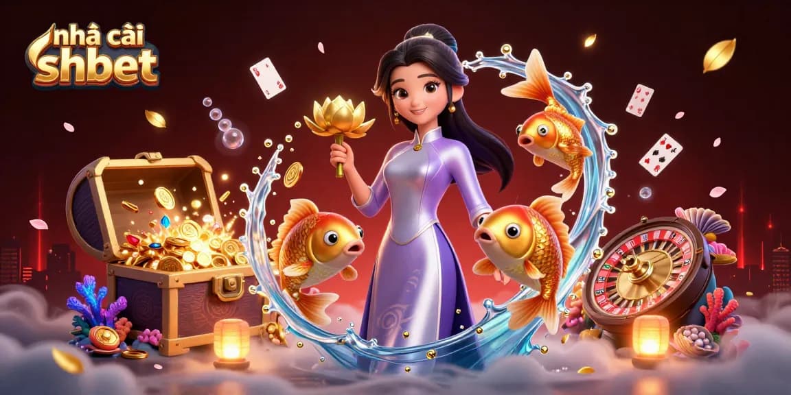 Experience high stakes at nhà cái shbet with a vibrant scene of casino elements including a golden lotus flower and playful koi fish.