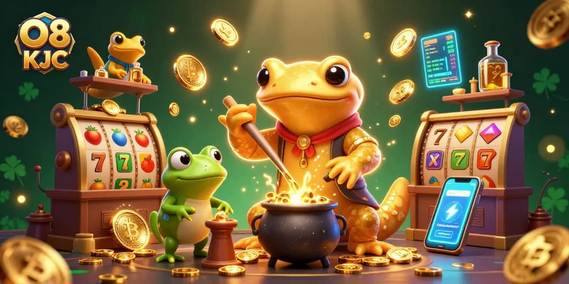 Engage in dynamic gameplay at O8 KJC with a vivid medieval casino scene filled with gold coins and slot reels.