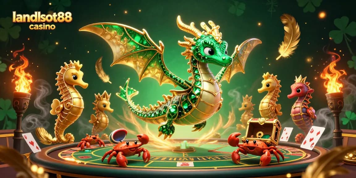 Experience the thrill of the landslot88 casino with a vibrant 3D scene of a sea dragon and live gambling elements.