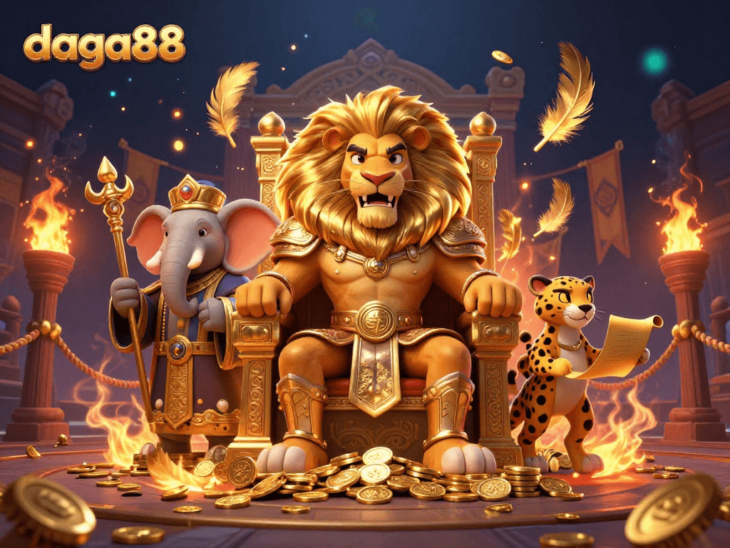 Experience the thrilling battles of daga88 in a vibrant scene showcasing a fierce lion king and immersive gambling elements.