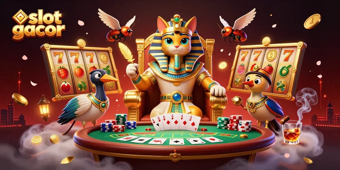 Experience the excitement of slot gacor with vibrant characters and lively gaming elements in this dynamic illustration.