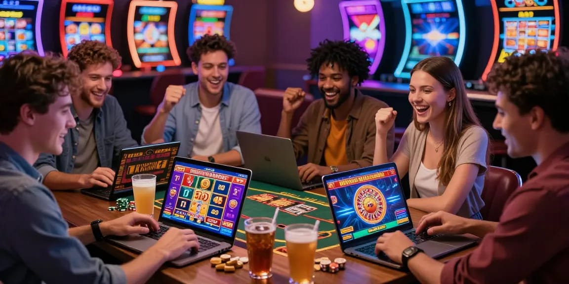 Friends enjoying casino online non AAMS games on laptops in a vibrant gaming atmosphere.