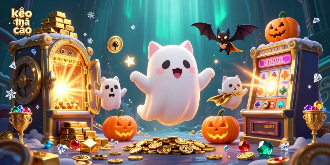 Engage with kèo nhà cái amidst a vivid haunted casino scene filled with treasures and playful characters.