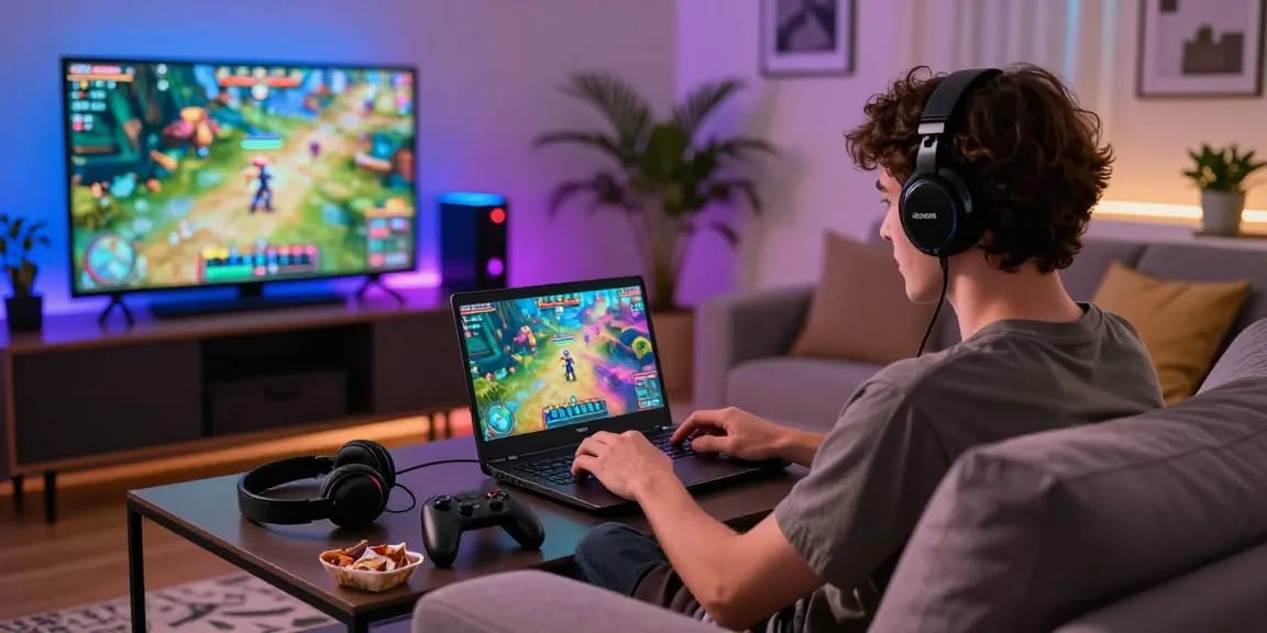 Akses game online di https://i-labo7.com/blog/477/ dengan perangkat gaming modern dan suasana nyaman di ruang tamu.