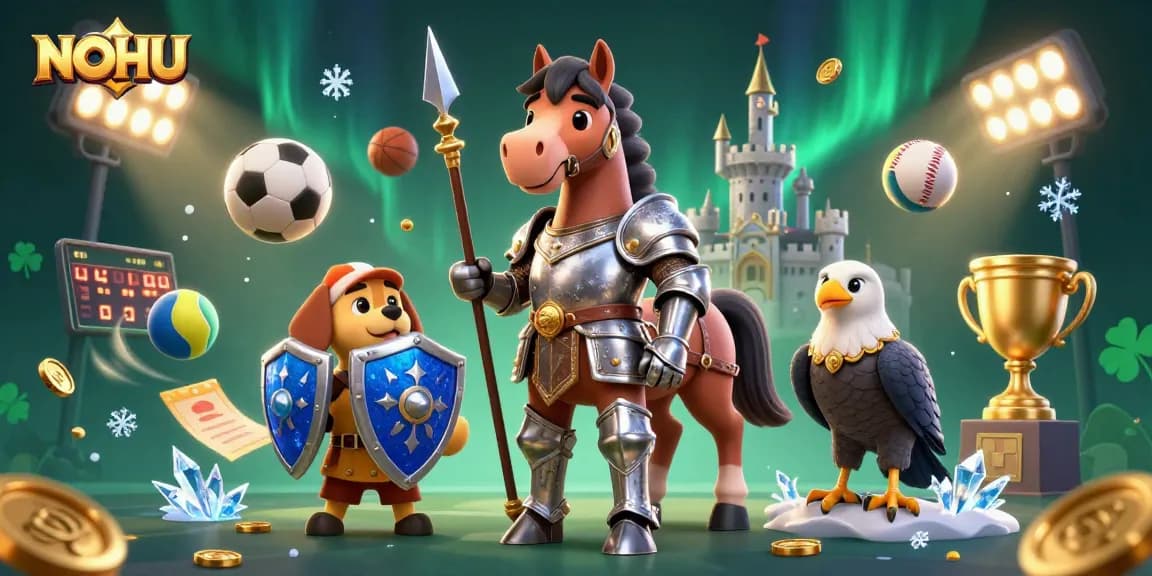 Engage in thrilling NOHU gaming action featuring a knight, squire, and falcon amid dynamic sports elements.