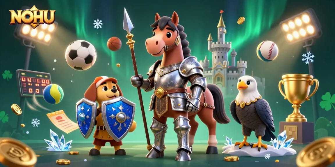 Engage in thrilling NOHU gaming action featuring a knight, squire, and falcon amid dynamic sports elements.