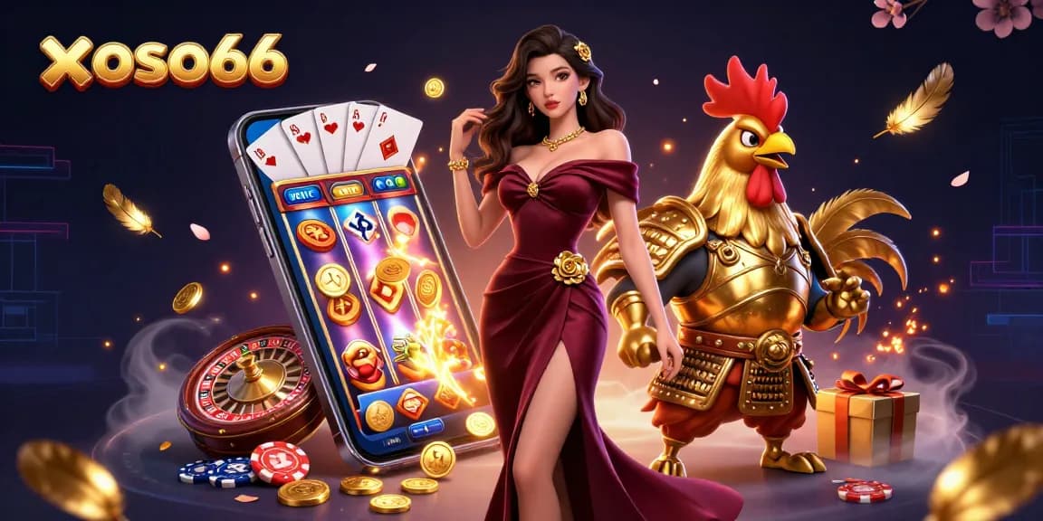 Experience thrilling games and vibrant visuals at xoso66 with a glamorous illustration of a woman and a rooster warrior.