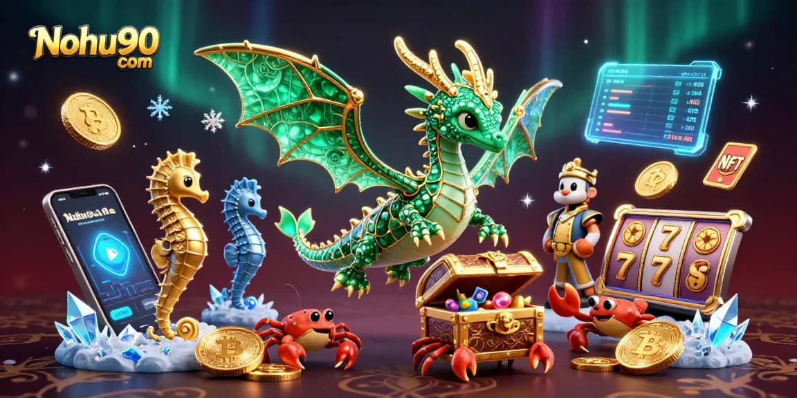Engage in thrilling gameplay at Nohu90 com with vibrant 3D elements showcasing jackpot slots and crypto treasures.