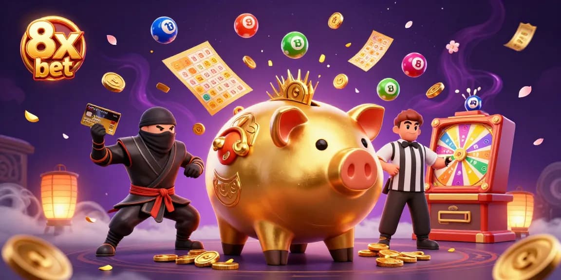 Captivating 3D scene showcasing the 8x bet sumo wrestler and ninja characters amidst vibrant gambling elements.