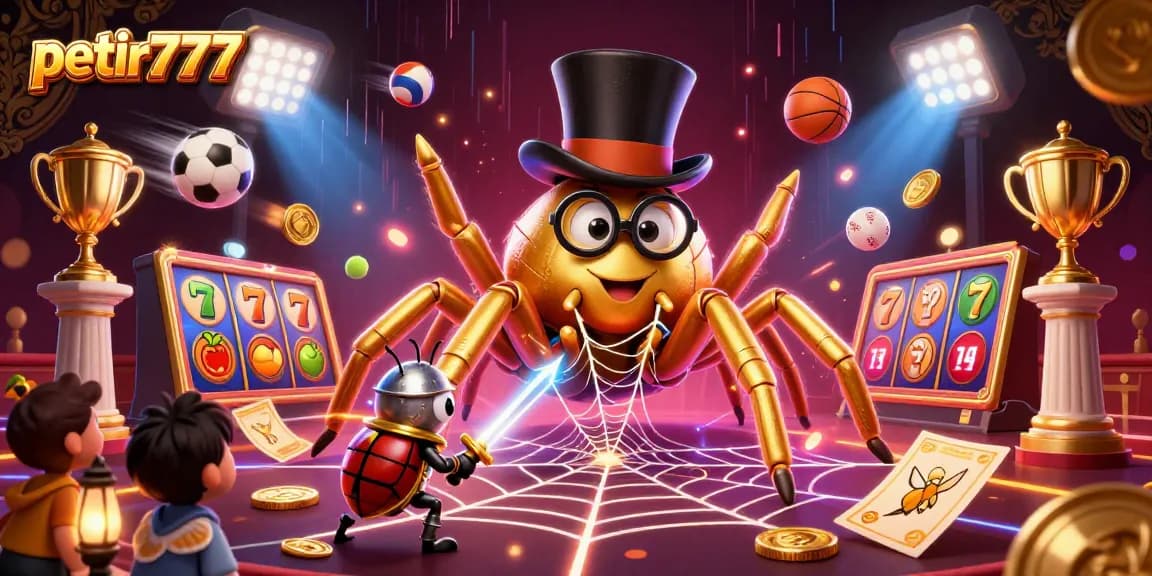 Immerse in petir777's thrilling slots action as a brave beetle knight approaches the golden tarantula in a dynamic casino scene.