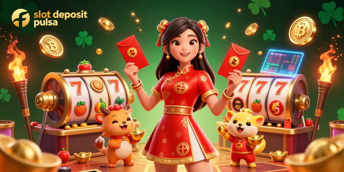 Experience the thrill of slot deposit pulsa with dynamic 3D illustrations of festive casino elements and characters.