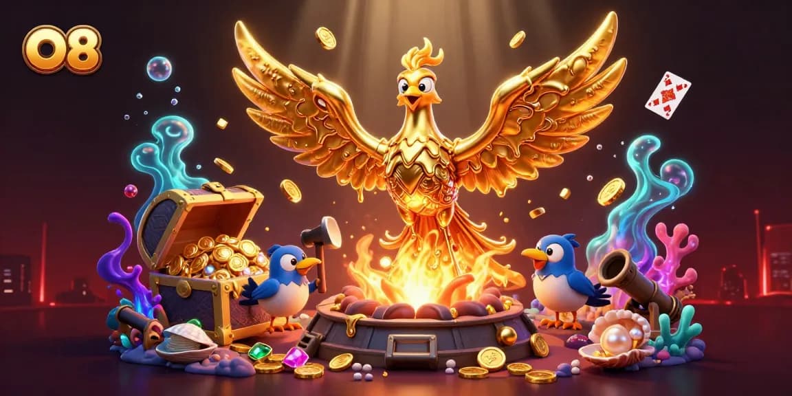 O8 showcases a vibrant casino scene featuring a molten gold phoenix amidst gold coins and playing cards.