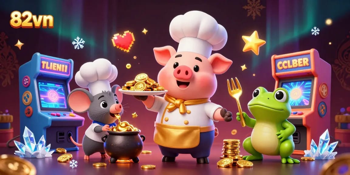 Experience thrilling gaming with 82vn as chef pig serves up gold coins, surrounded by dynamic arcade elements.