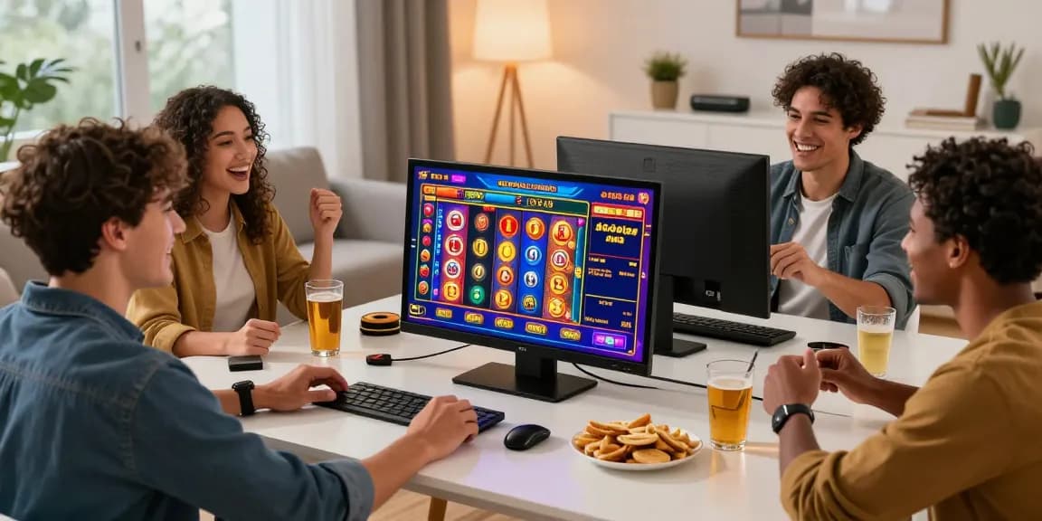 Teman bermain bersama di ruang tamu merayakan kemenangan slot jackpot.