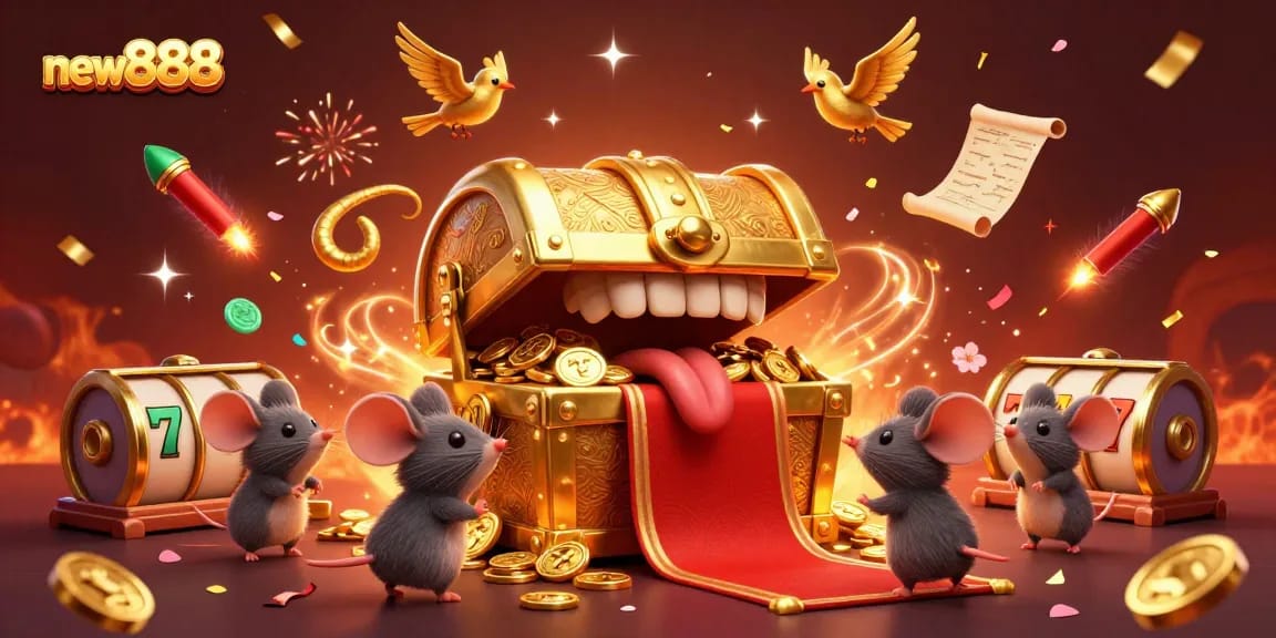 Engage with new888 at a vibrant 3D casino scene filled with dynamic slot elements and a golden treasure chest mimicking excitement.