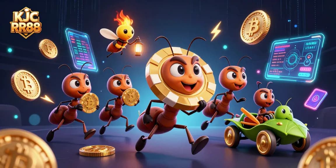 KJC RR88 showcases a dynamic heist scene with ants carrying a golden poker chip in a vibrant casino world