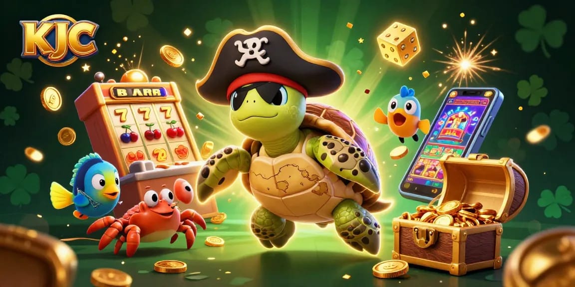 KJC delivers a vibrant casino experience with a magical treasure scene featuring dynamic slot machines and animated characters.