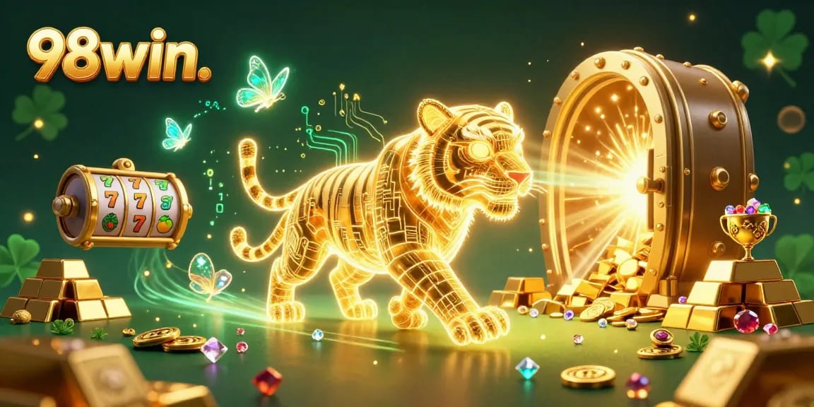 Experience thrilling 98win gaming with a dazzling neon tiger in an immersive casino landscape.