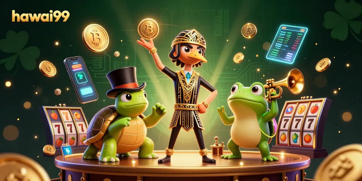 Experience the vibrant world of hawai99 with 3D characters playing slots amidst a neon-lit casino.