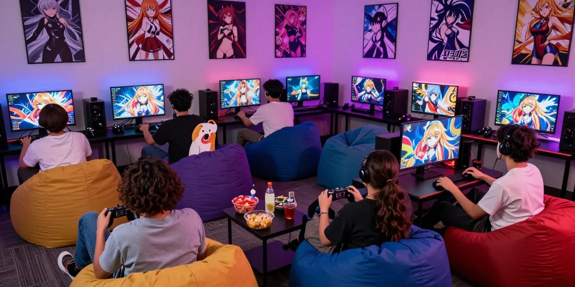 Engaged gamers enjoying hentai games in a vibrant gaming lounge with anime artwork.