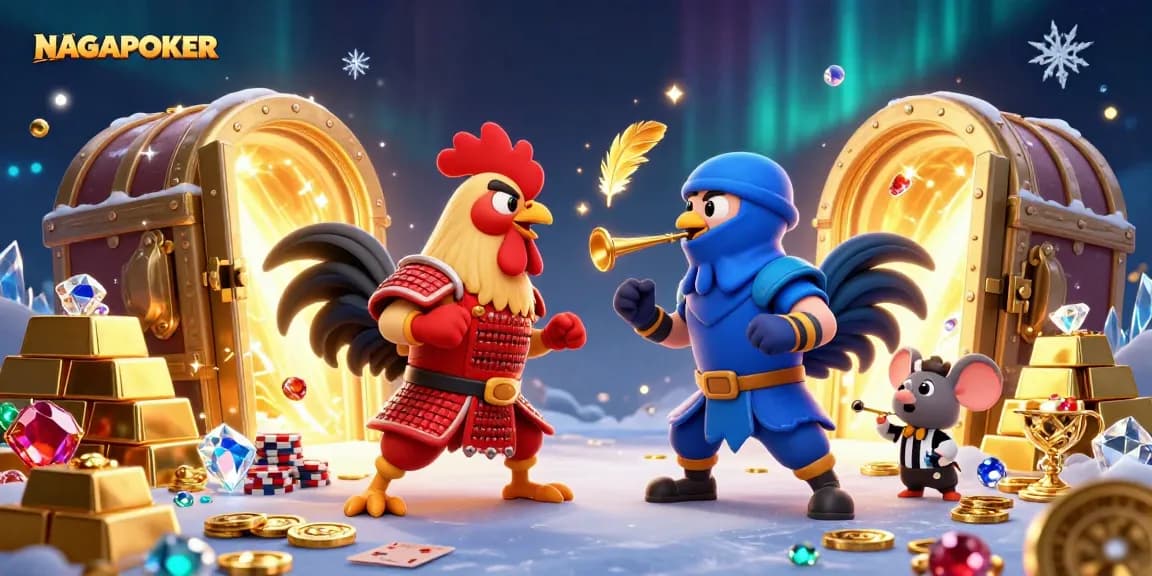 NAGAPOKER illustration featuring a dramatic standoff of roosters in a poker showdown with rich gaming elements.