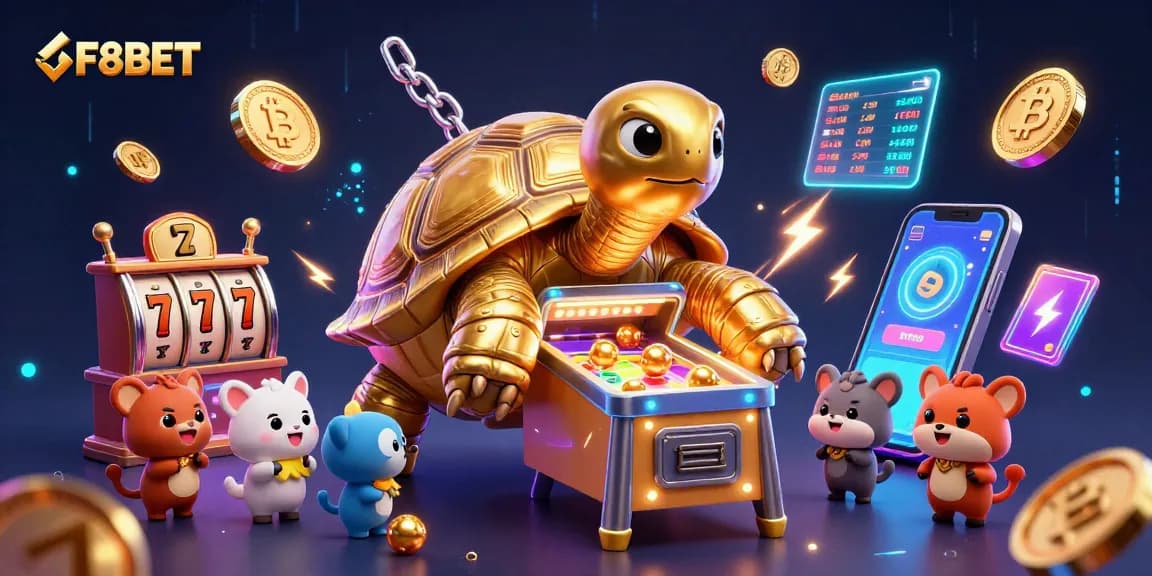 Engage with F8BET's thrilling slot experience featuring a colossal golden tortoise and vibrant jackpot elements.
