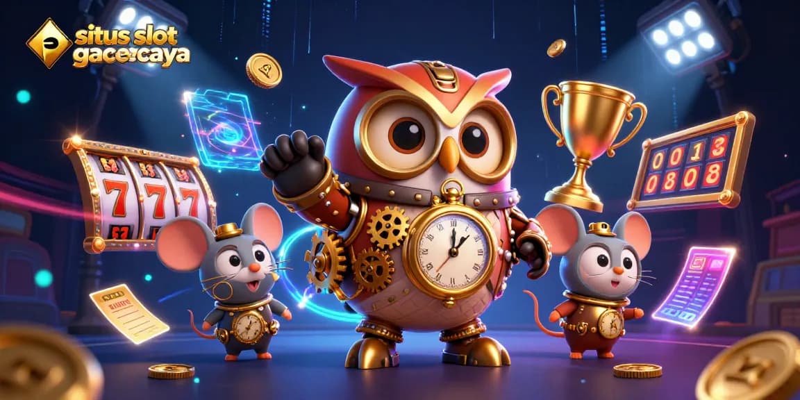 Win big with situs slot gacor terpercaya in a vibrant casino scene featuring an owl, coins, and slot machines.