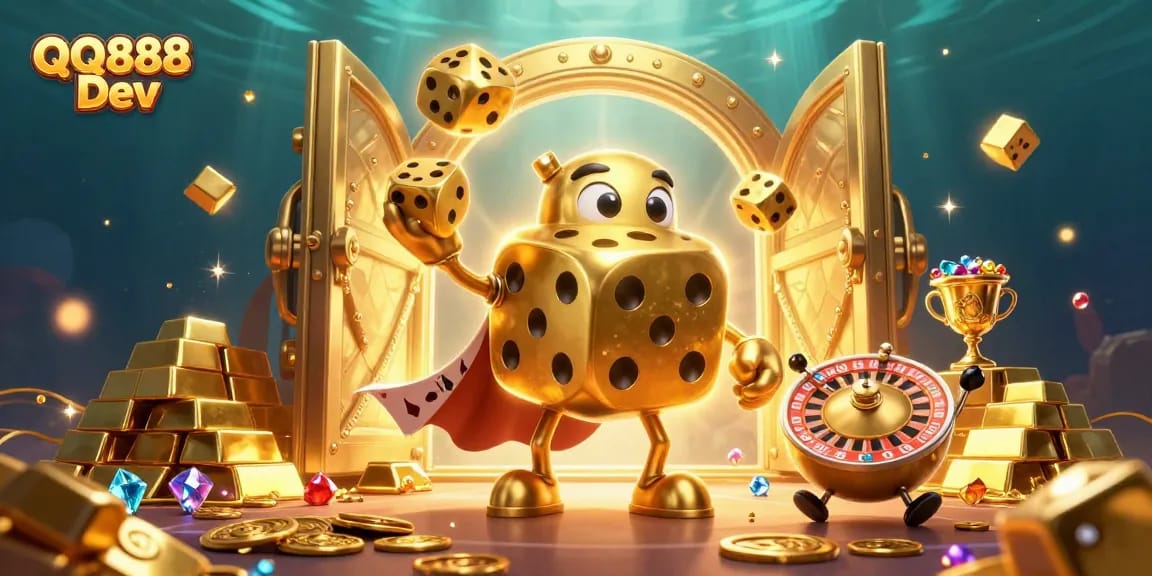 Engage with QQ888 Dev's thrilling gambling universe through vibrant 3D cartoon illustration