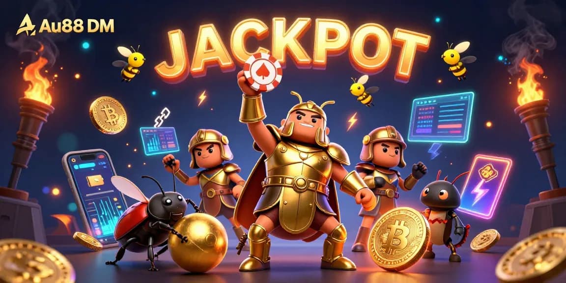 Spin the Jackpot at Au88 DM with a victory beetle, rich casino elements, and vibrant visuals.