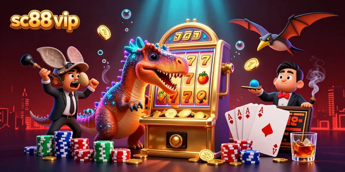 Catch the excitement with sc88 vip as a dinosaur hits a golden slot machine for a jackpot!