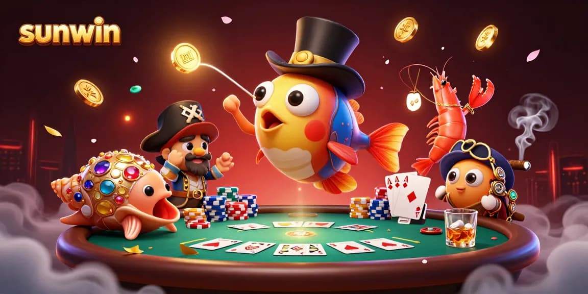 Experience the thrill of sunwin's vibrant casino games with a pirate shrimp and treasure-filled sea snail.