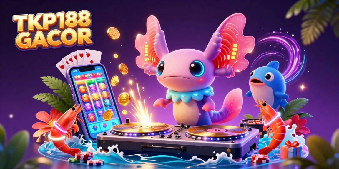 Engage with the vibrant scene of TKP188 GACOR, featuring animated characters and golden rewards in a lively casino atmosphere.