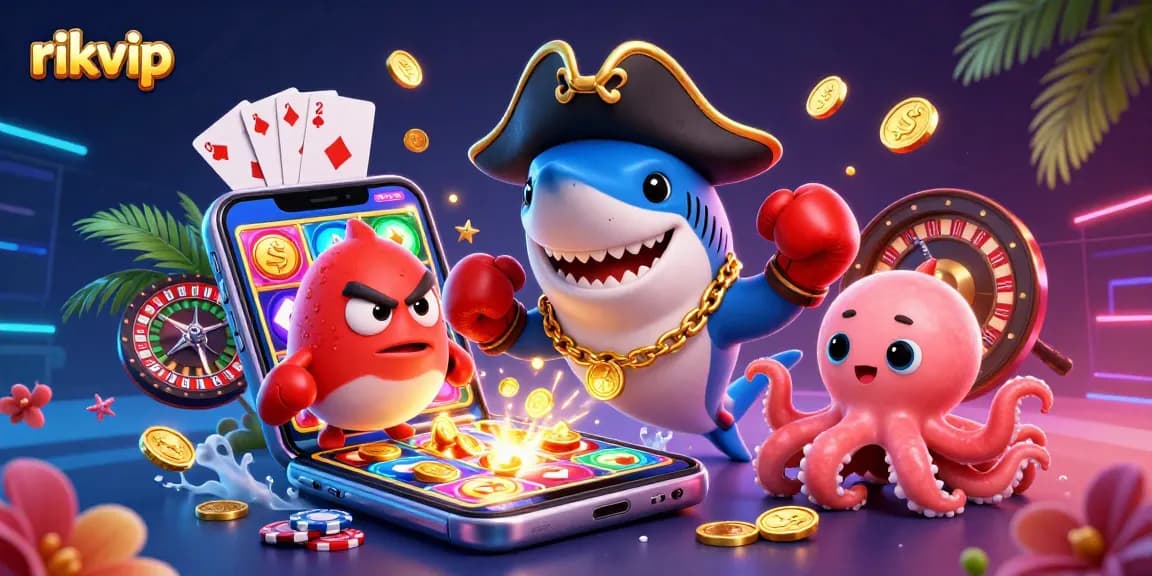 Engage with rikvip's exciting casino world featuring a cartoon pirate shark, pufferfish, and octopus with gold coins.