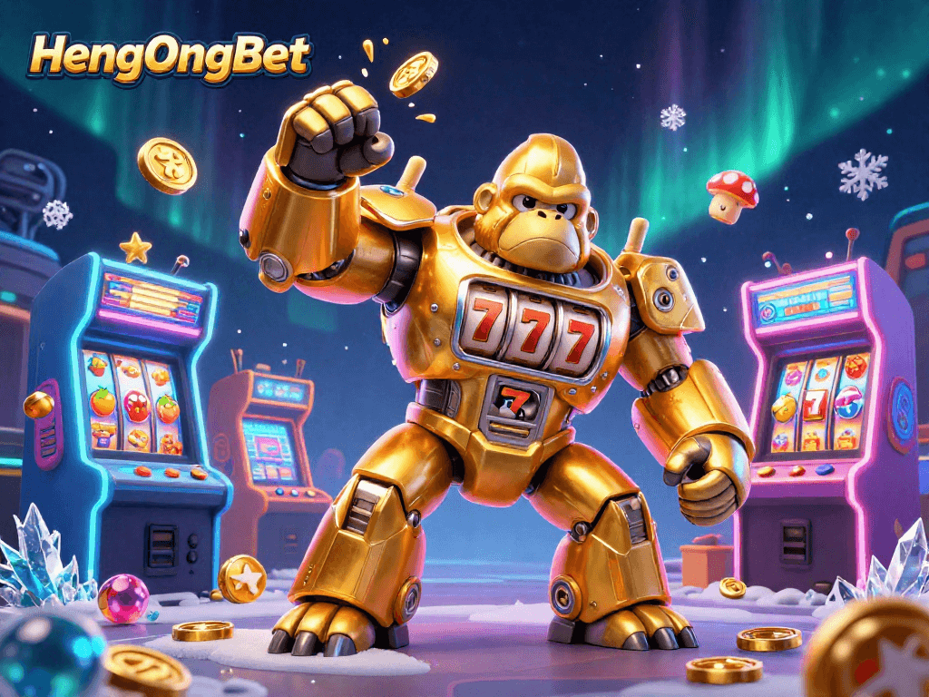 Experience HengOngBet's thrilling jackpot action with an electrifying 3D casino scene featuring a golden gorilla mech.