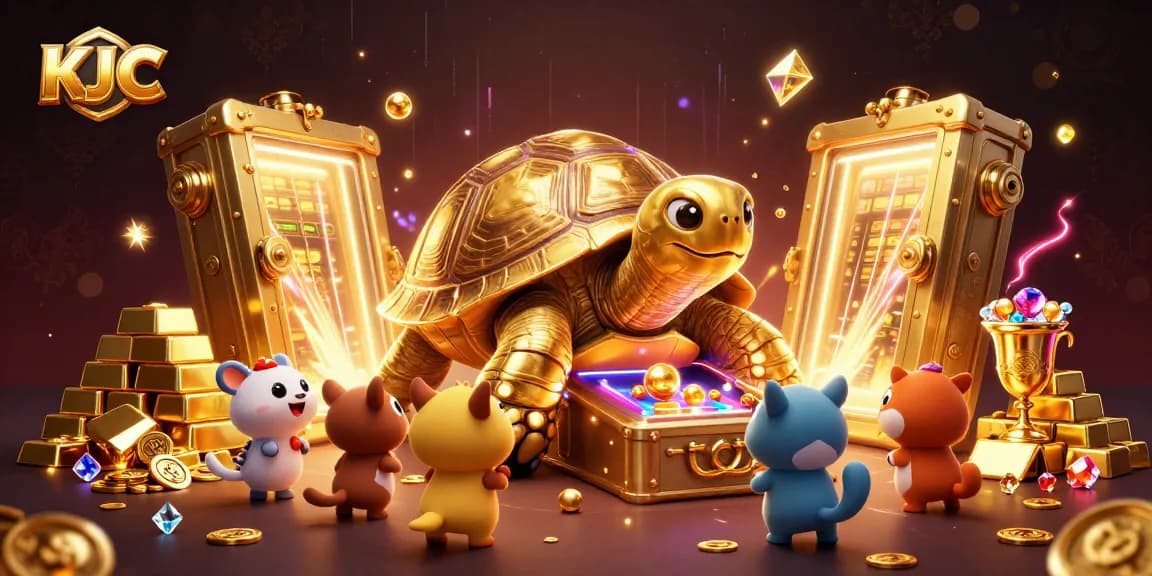 Engage with KJ C at a vibrant cartoon casino scene featuring a tortoise as a pinball machine amidst treasure.