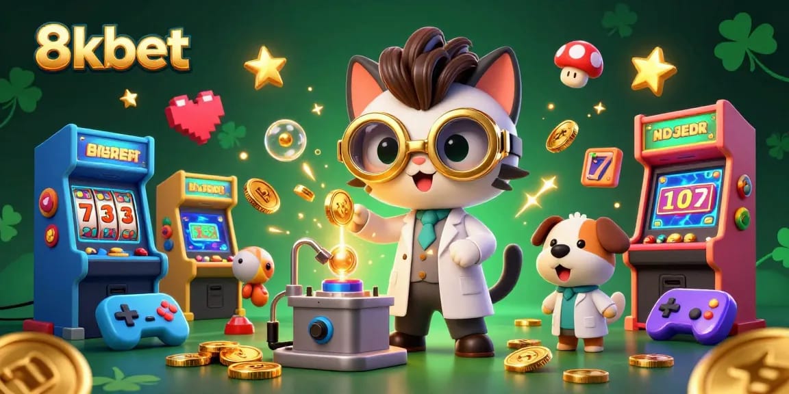 Engage with 8xbet's thrilling casino experience featuring a cartoon scientist cat and dog in an arcade-like setting.